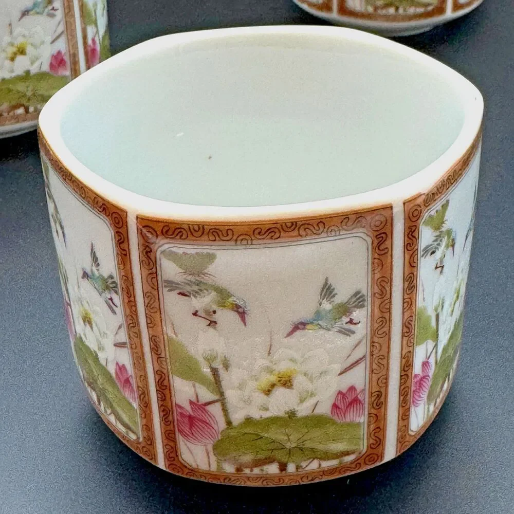Toyo Ming Lotus Japan Porcelain Tea Warmer Set Teapot 6 Cups Hexagon Chinoiserie